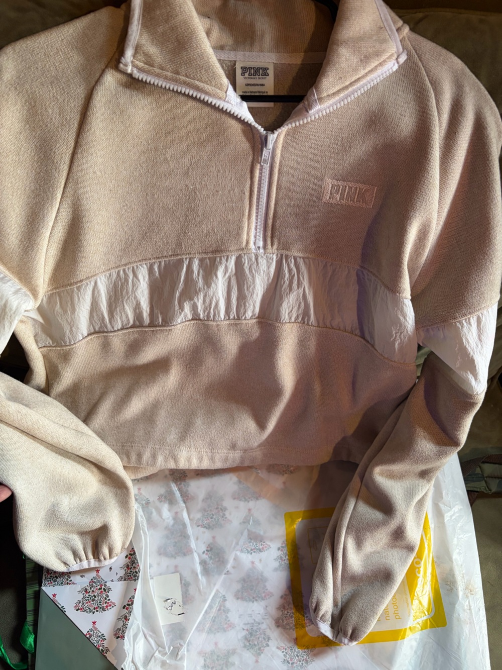 PINK Victoria's Secret Cream and Light Pink Half-Zip Pullover